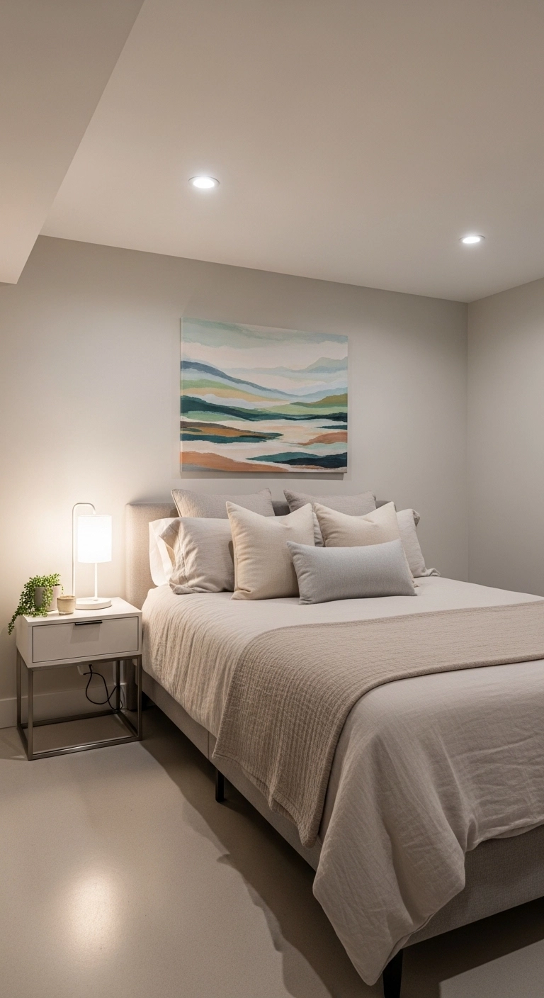 basement bedroom ideas with light wall art above the bed