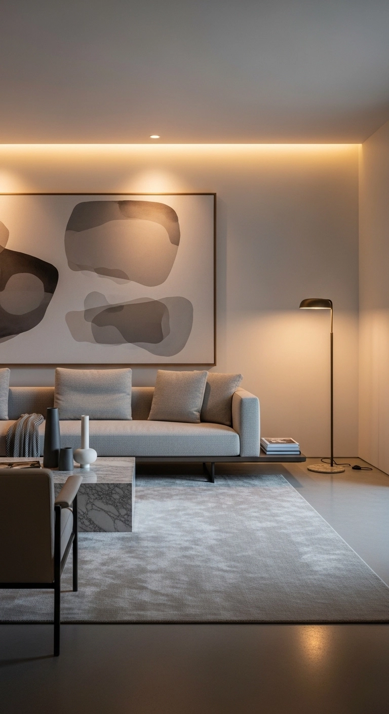 modern living room designs with large calm artwork above a sofa