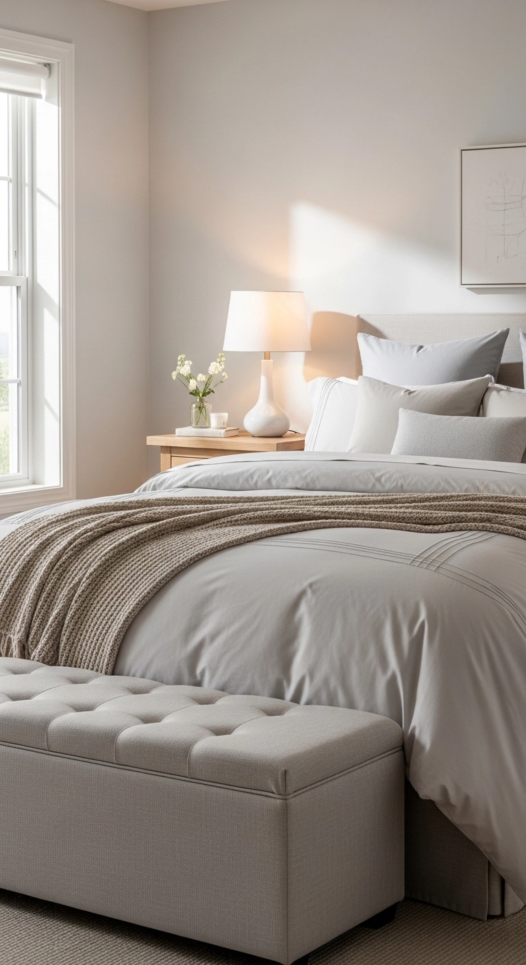 house decor in a calm bedroom with layered bedding and lamps