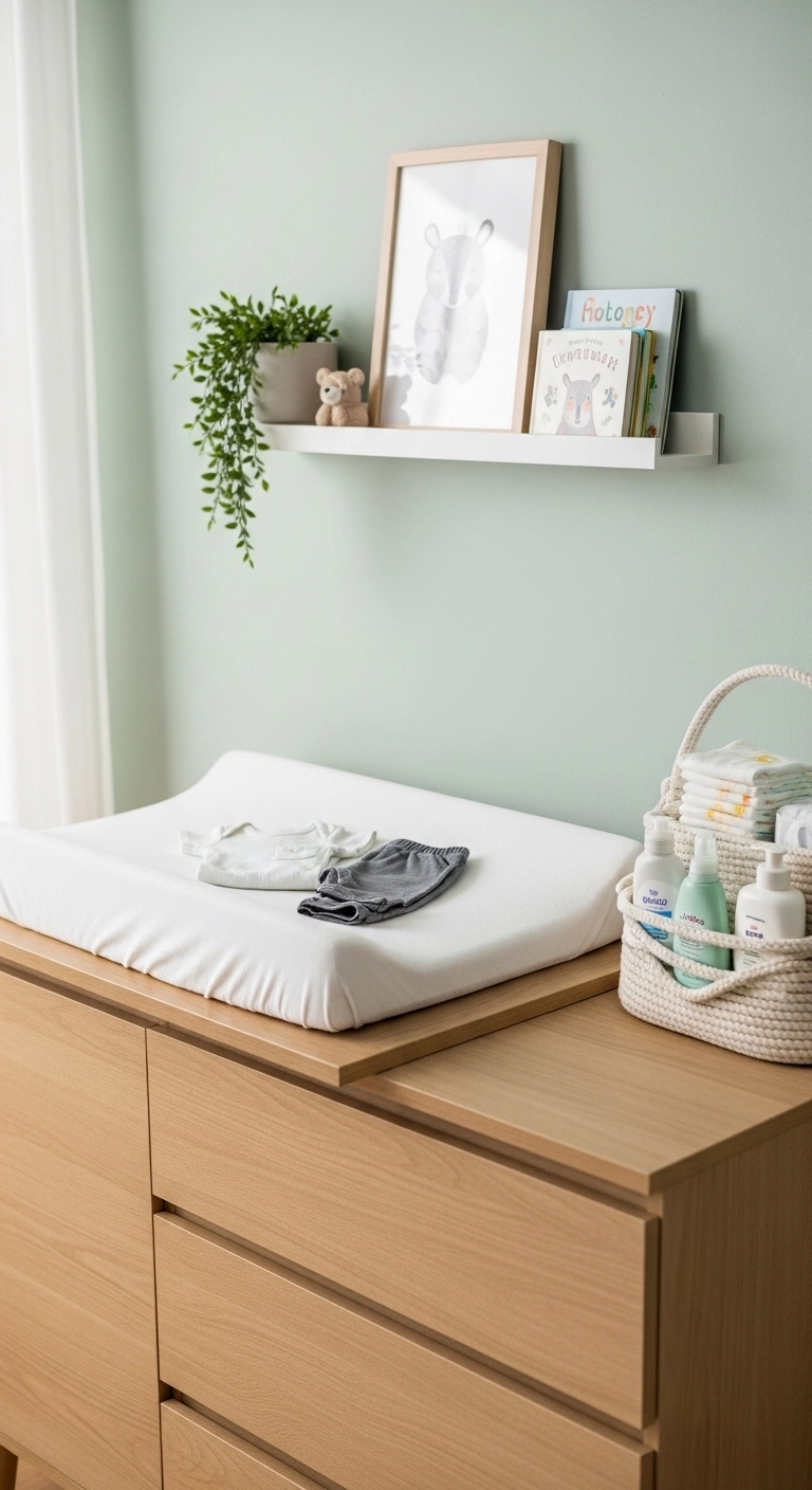 Baby nursery ideas for an organized changing station with neat baby essentials