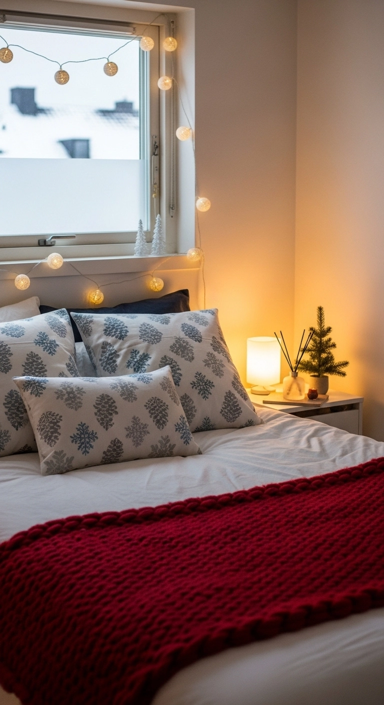 christmas apartment decor in a calm bedroom with winter bedding accents