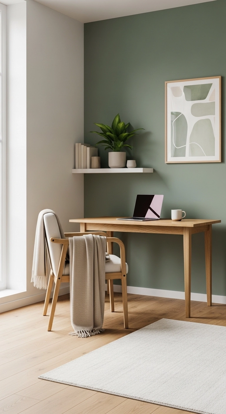 home office ideas with a calm color palette and wood furniture
