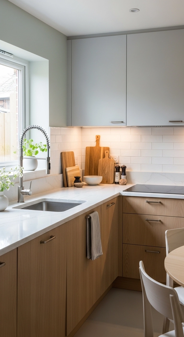 Small kitchen design ideas with calm finishes and cohesive design