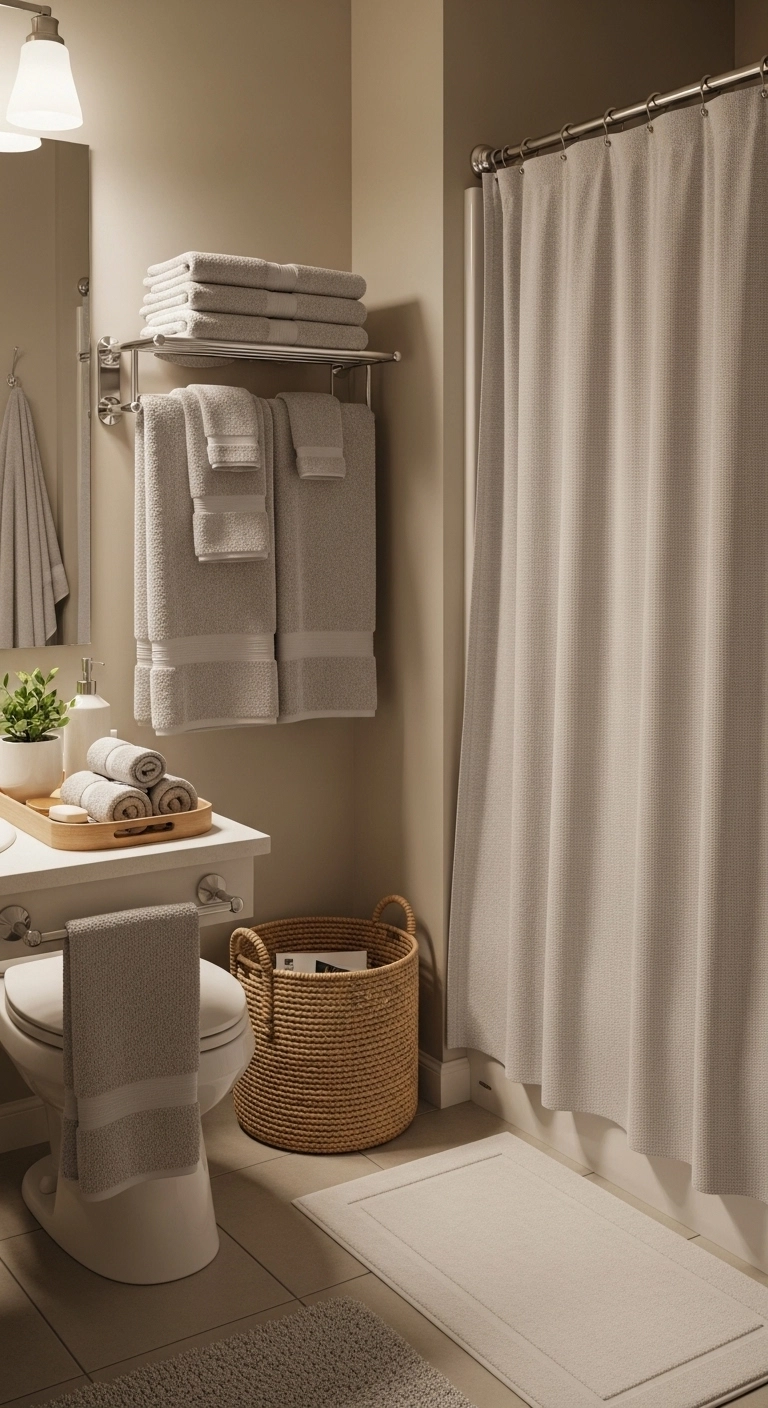 decorating a rental with a calm organized bathroom