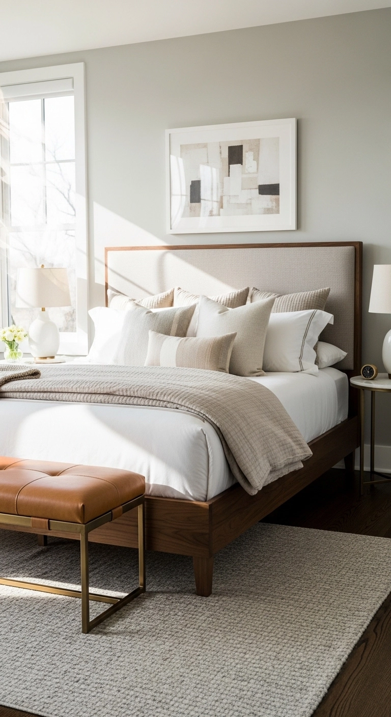 Brown bedroom ideas with a camel leather bench and modern styling