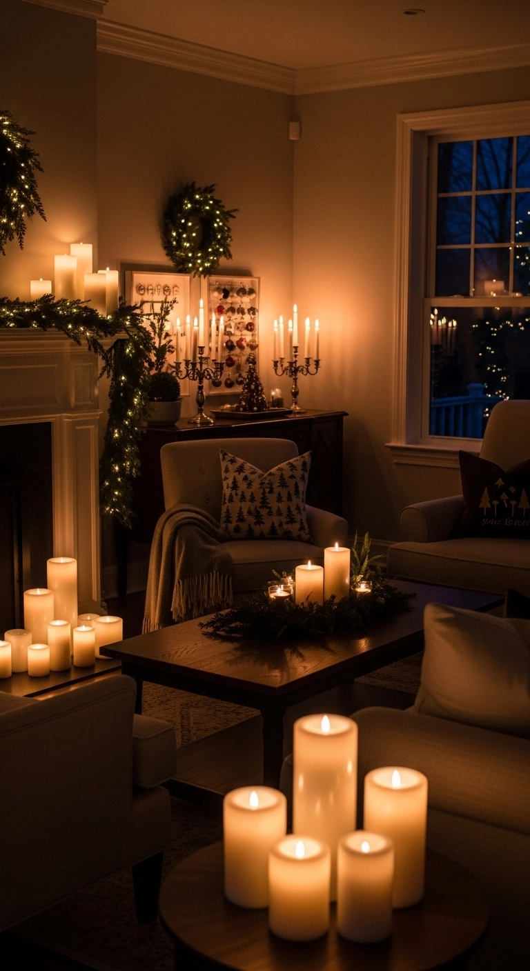 living room christmas decor with candles creating a soft warm glow