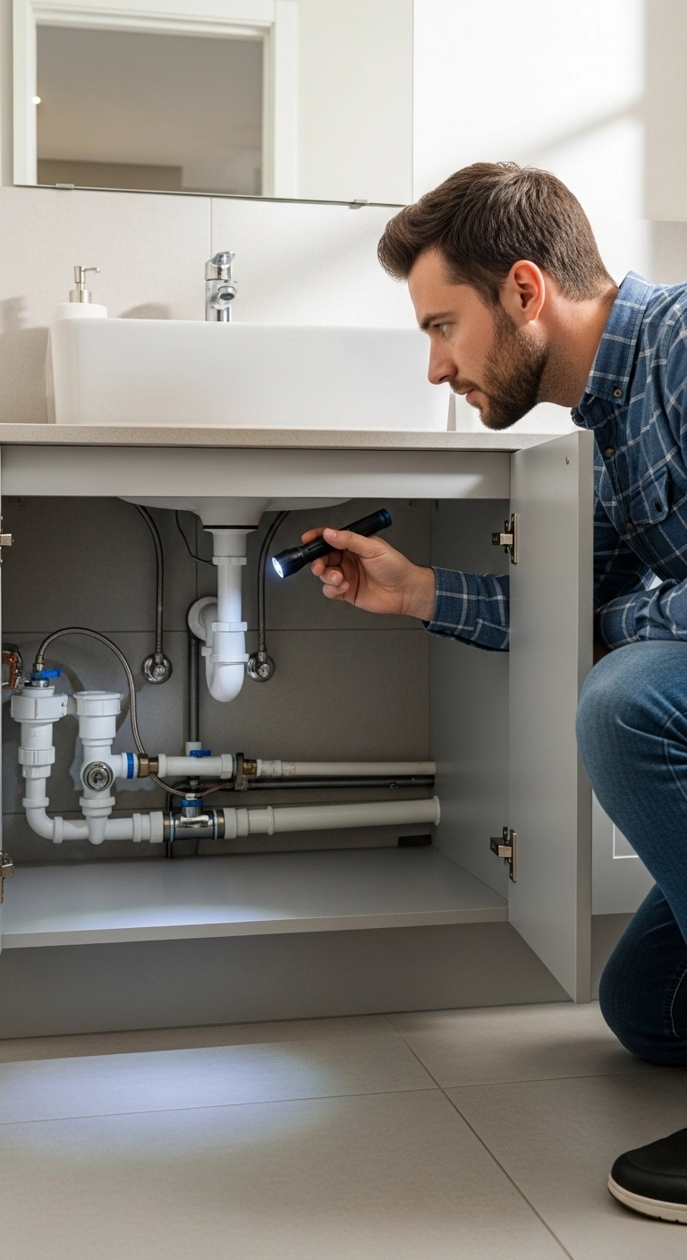 New homeowner checklist showing plumbing check under bathroom sink