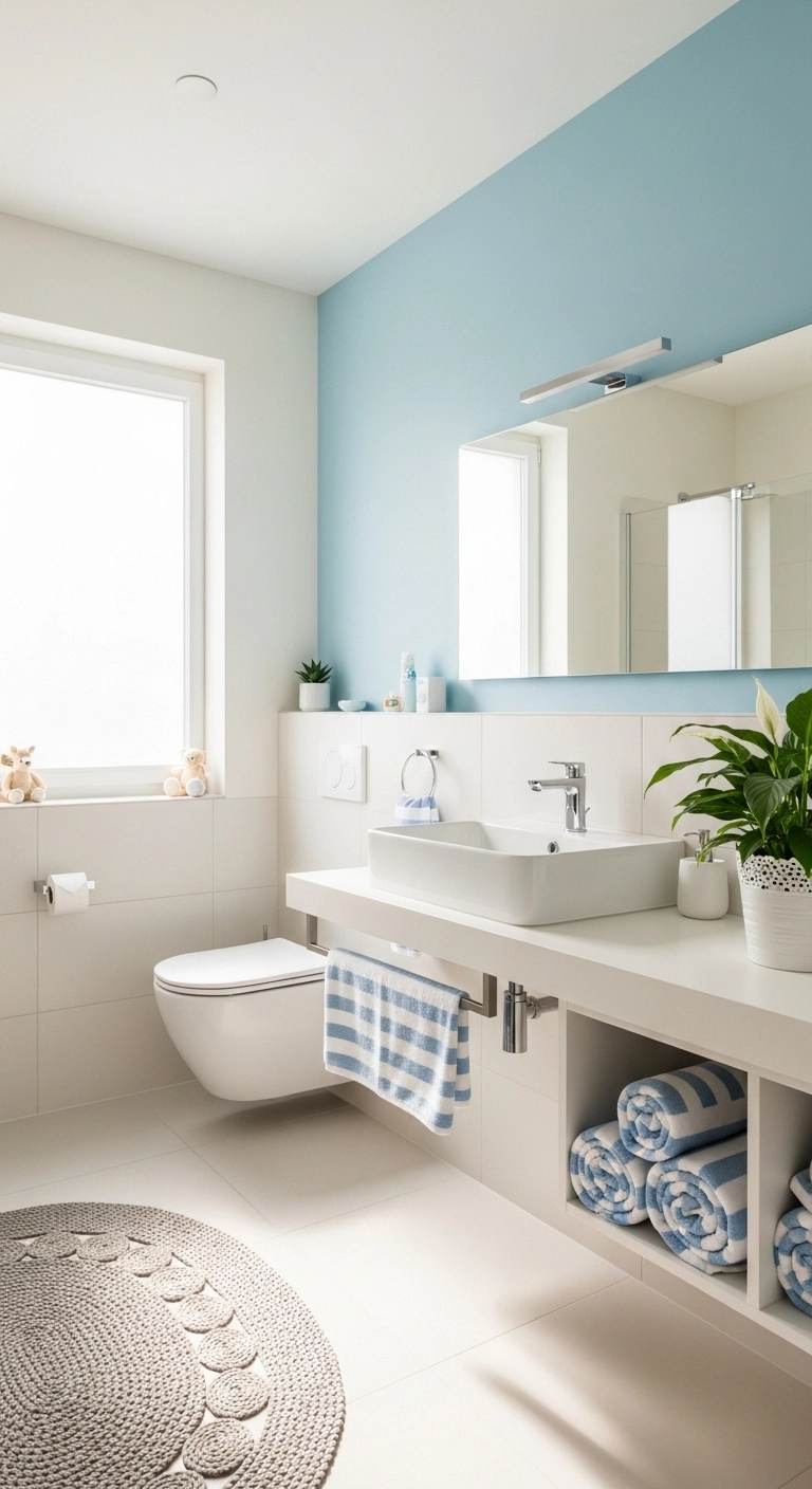 kids bathroom ideas with a cheerful color plan and tidy layout