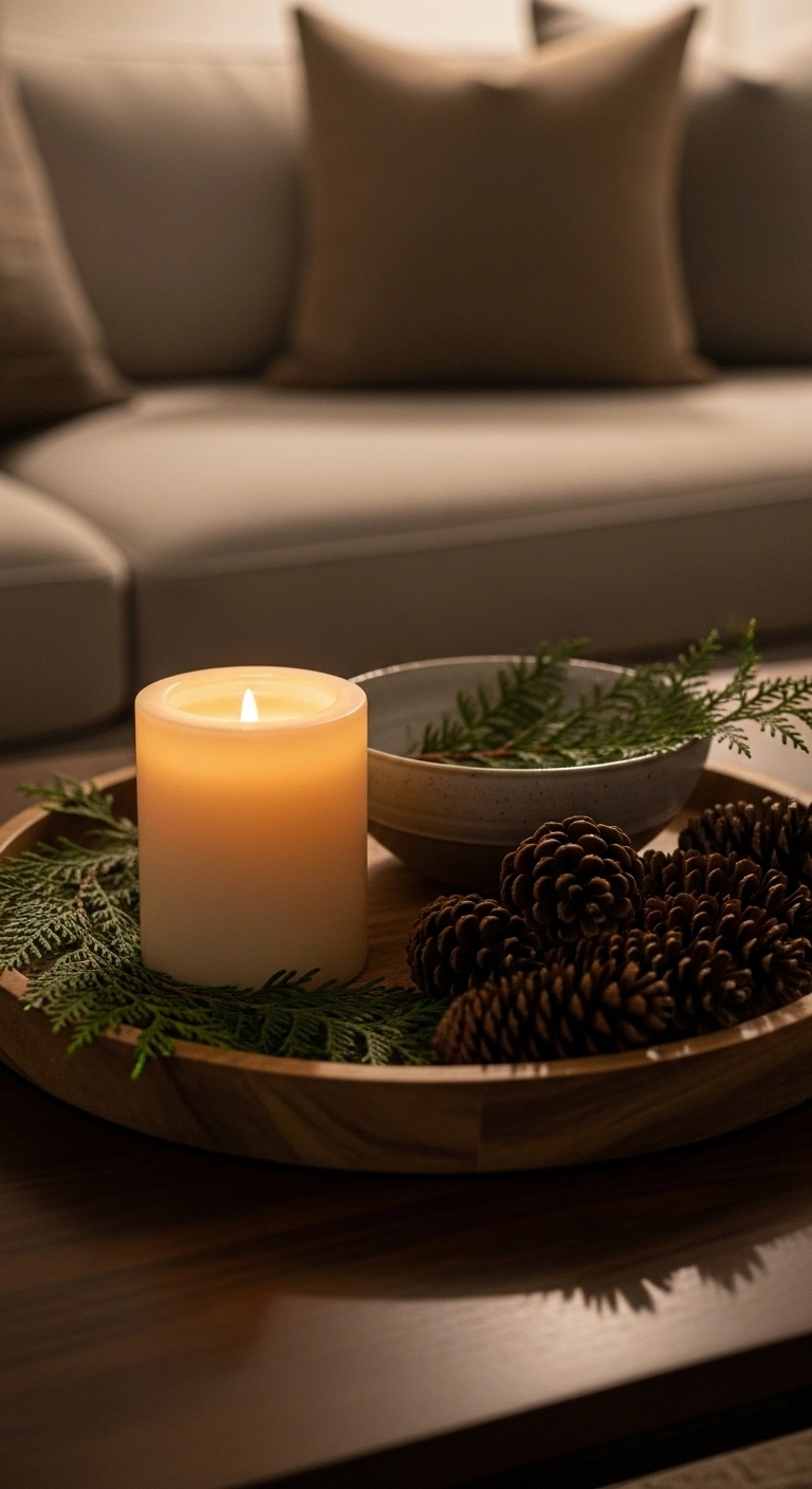 christmas candle decor ideas with a tray on a cozy coffee table