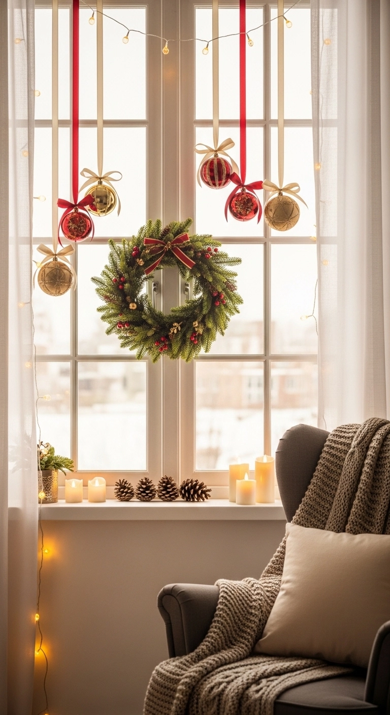 living room christmas decor with a wreath and lights on the window