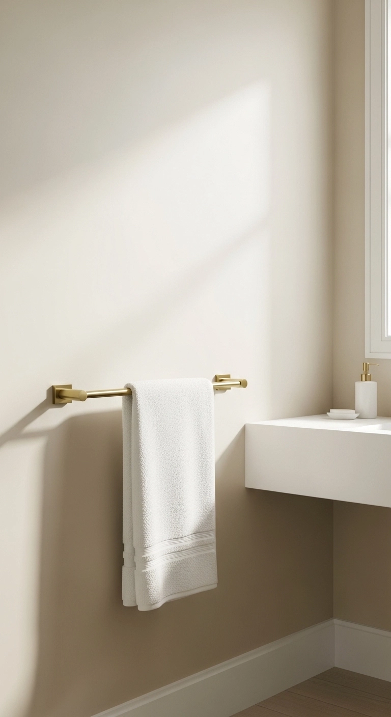 Bathroom towel hanging ideas with a single brass towel bar beside vanity