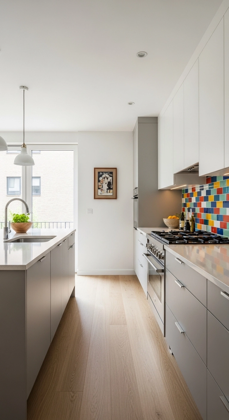 galley kitchen ideas with simple flat-panel cabinets in a small kitchen