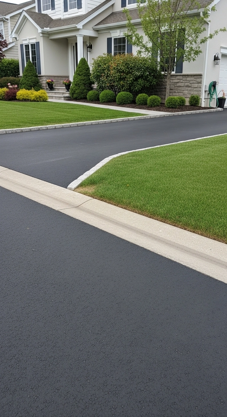 Asphalt driveway ideas with a clean apron where driveway meets street