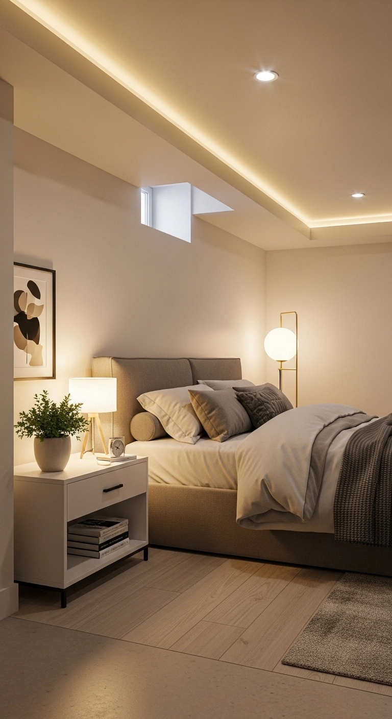 basement bedroom ideas with minimal decor and uncluttered surfaces