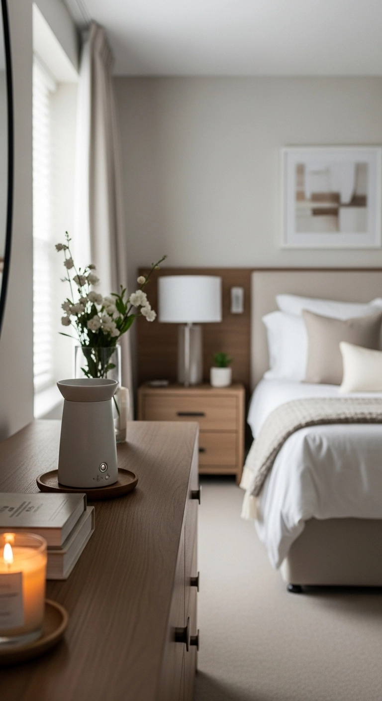 spa bedroom ideas with a diffuser and candle on a clean dresser