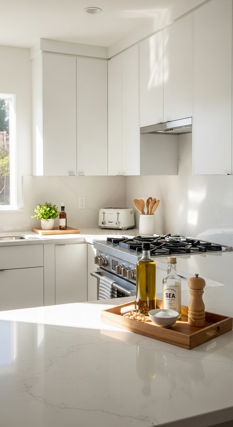 kitchen ideas for small spaces with clear countertops and clean layout