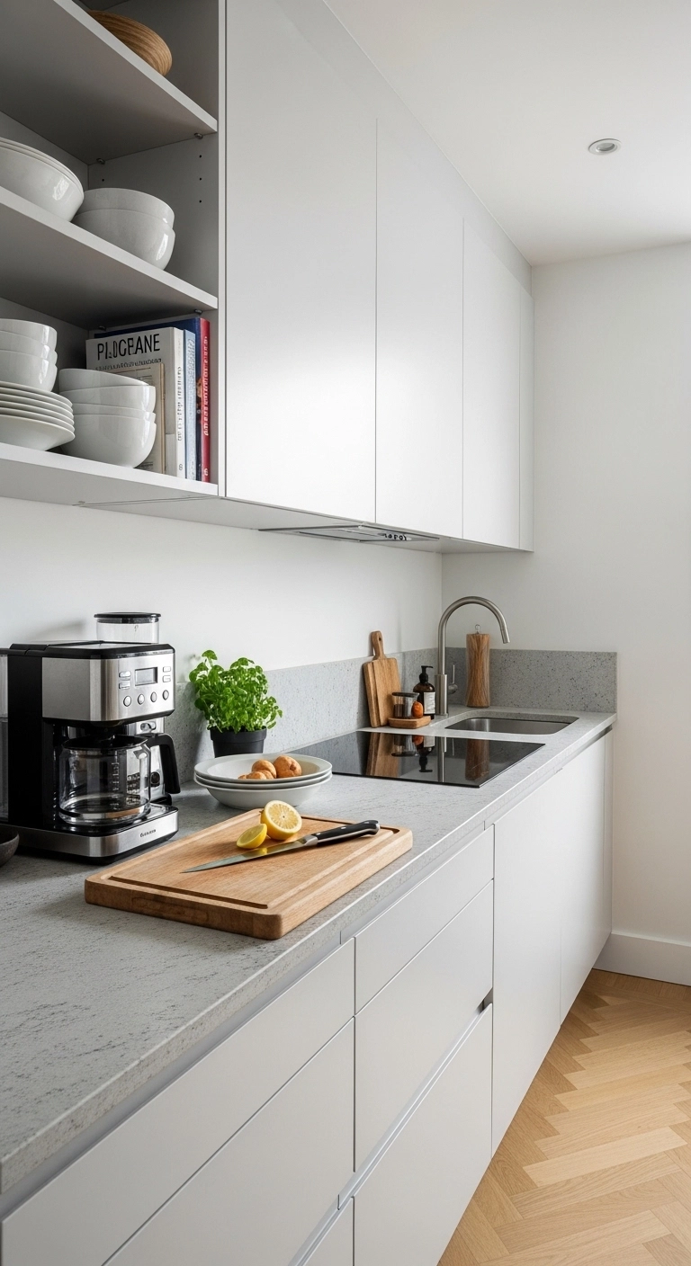 galley kitchen ideas with light cabinets and a warm neutral color palette