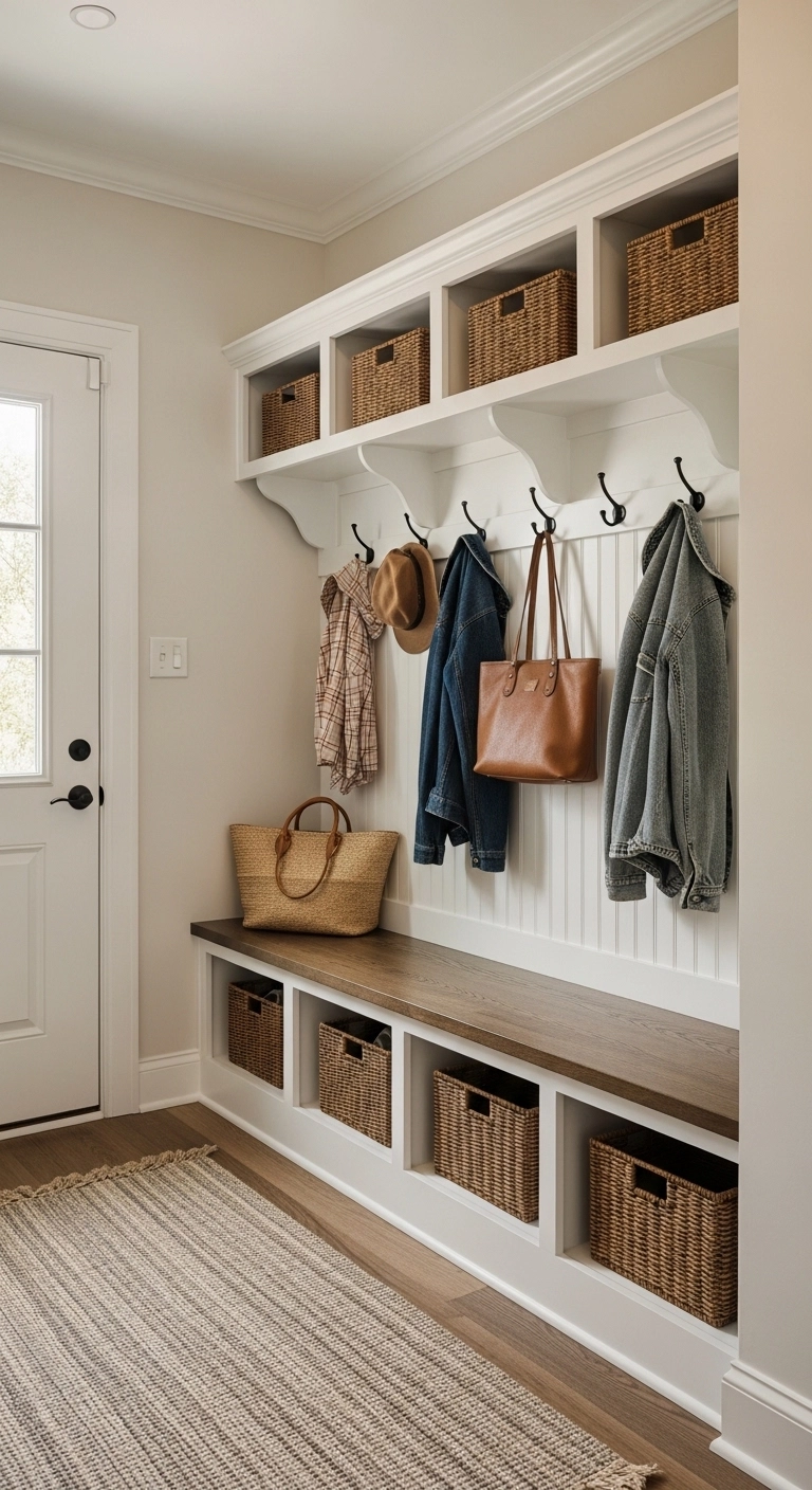 small mudroom ideas with clear floor space and under bench storage