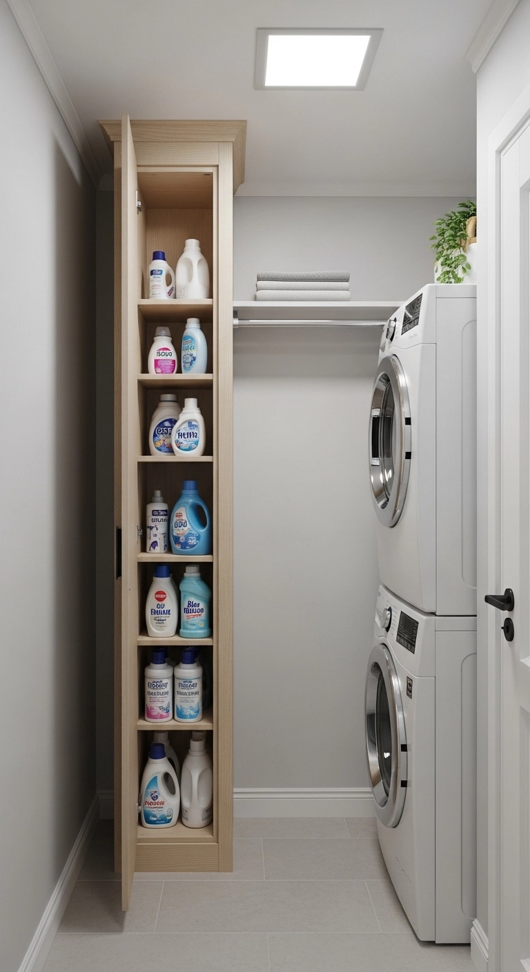 Small laundry room ideas with closed cabinet storage for supplies