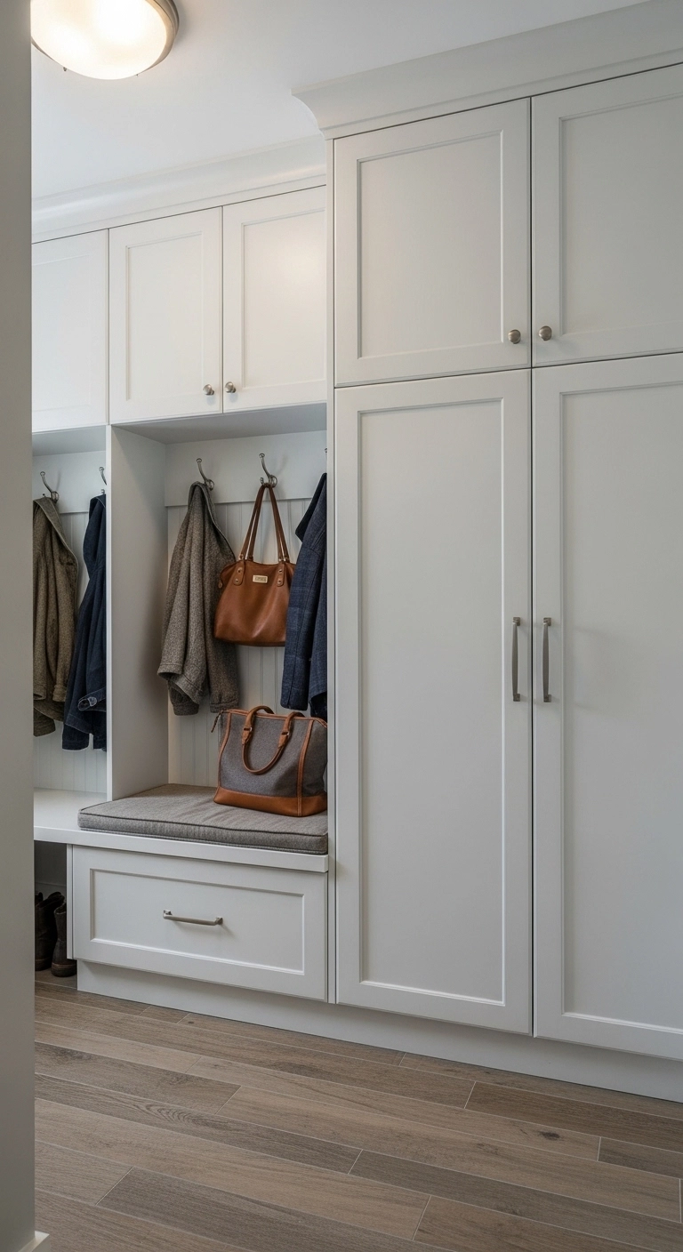 small mudroom ideas with closed cabinet storage for entry clutter
