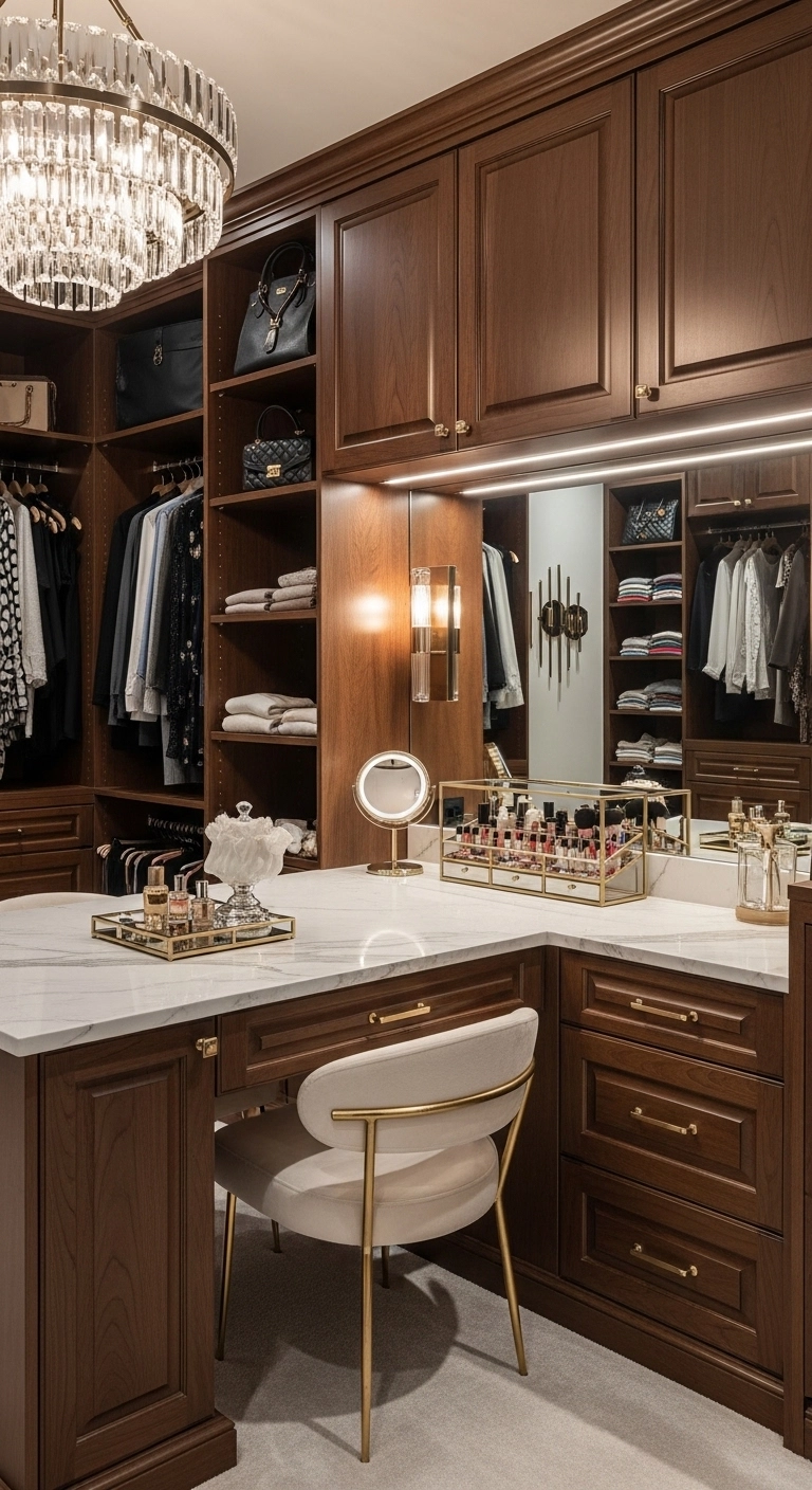 Walk in closet ideas with a compact vanity station and elegant dressing area