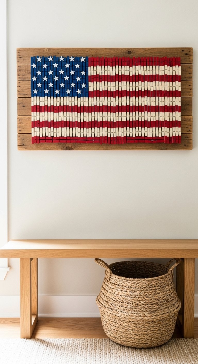 DIY 4th of July decorations with clothespin flag wall art in a bright entryway