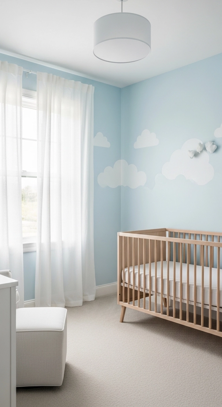 baby room themes with a cloud and sky nursery in pale blue tones