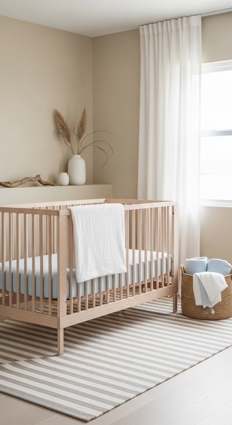 baby room themes with a coastal calm nursery in sandy beige and pale blue