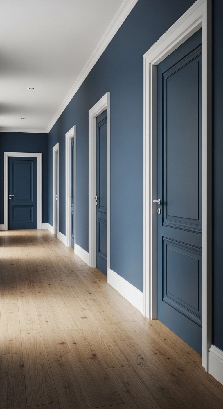 Door painting ideas featuring a hallway with multiple deep blue painted doors