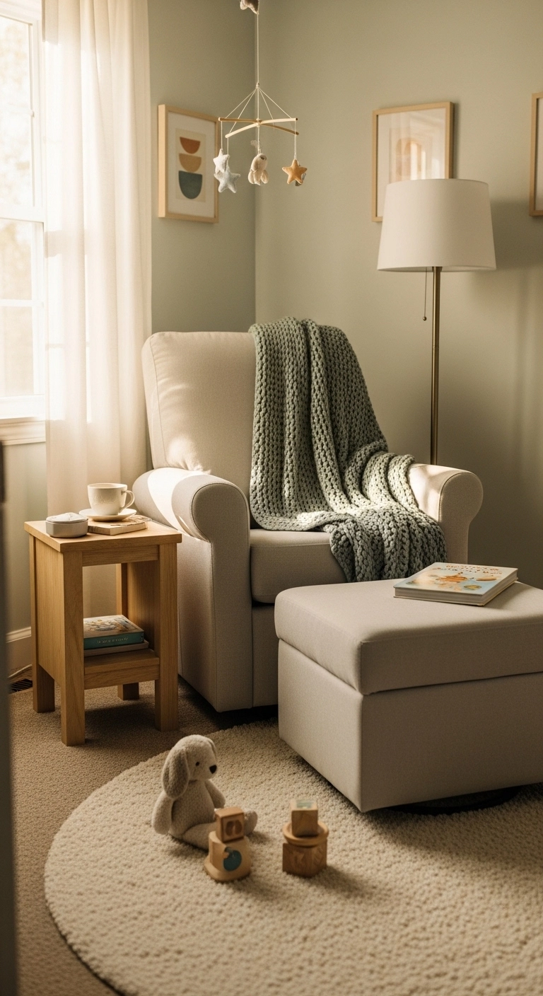 Baby nursery ideas featuring a comfortable glider chair and warm reading corner