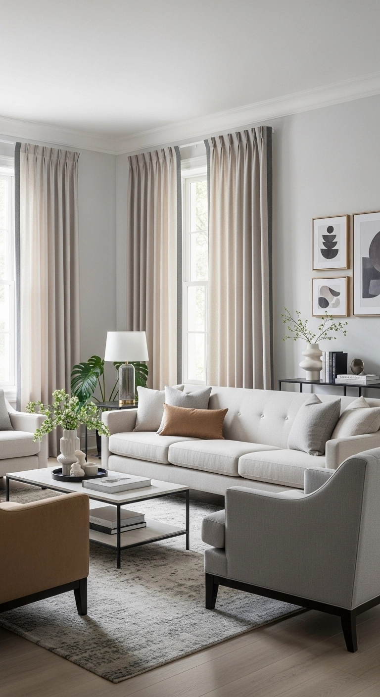 living room curtain ideas with contrast edge trim on tailored drapes