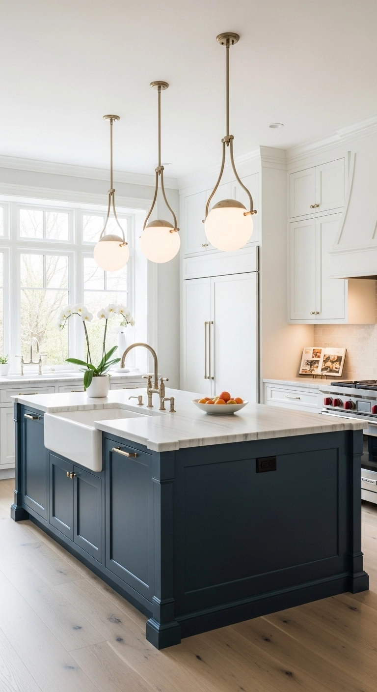 Kitchen cabinet ideas with a dark island and light perimeter cabinets