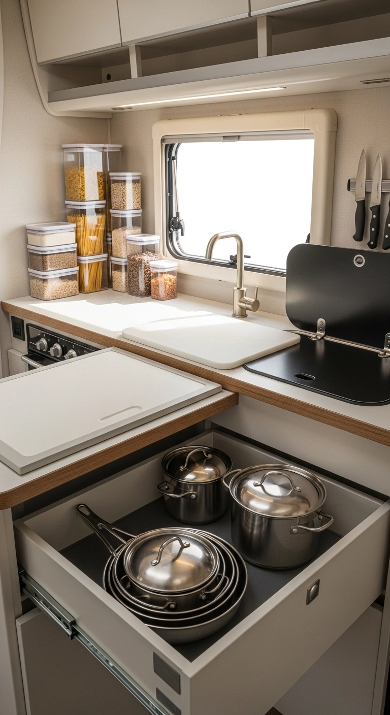 camper interior ideas with an organized kitchen for real travel cooking