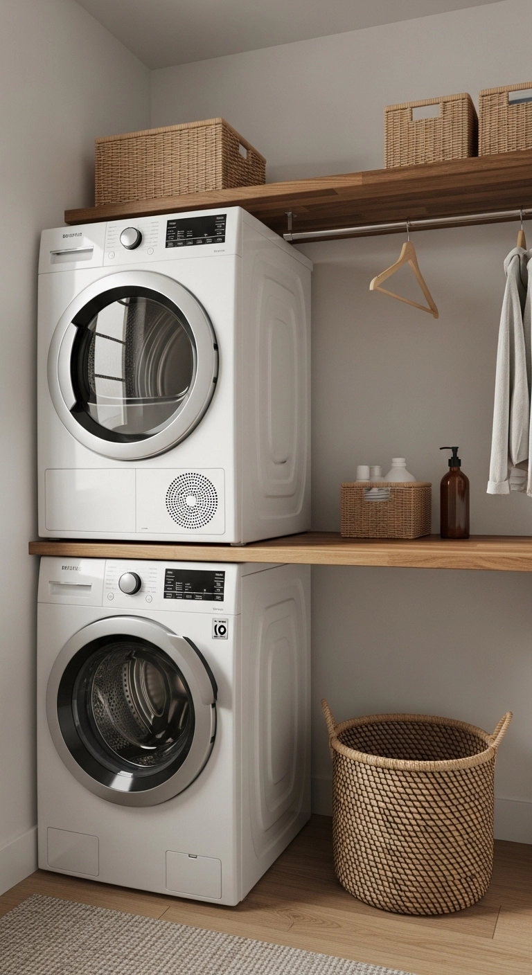 Small laundry room ideas with countertop over front-load washer and dryer