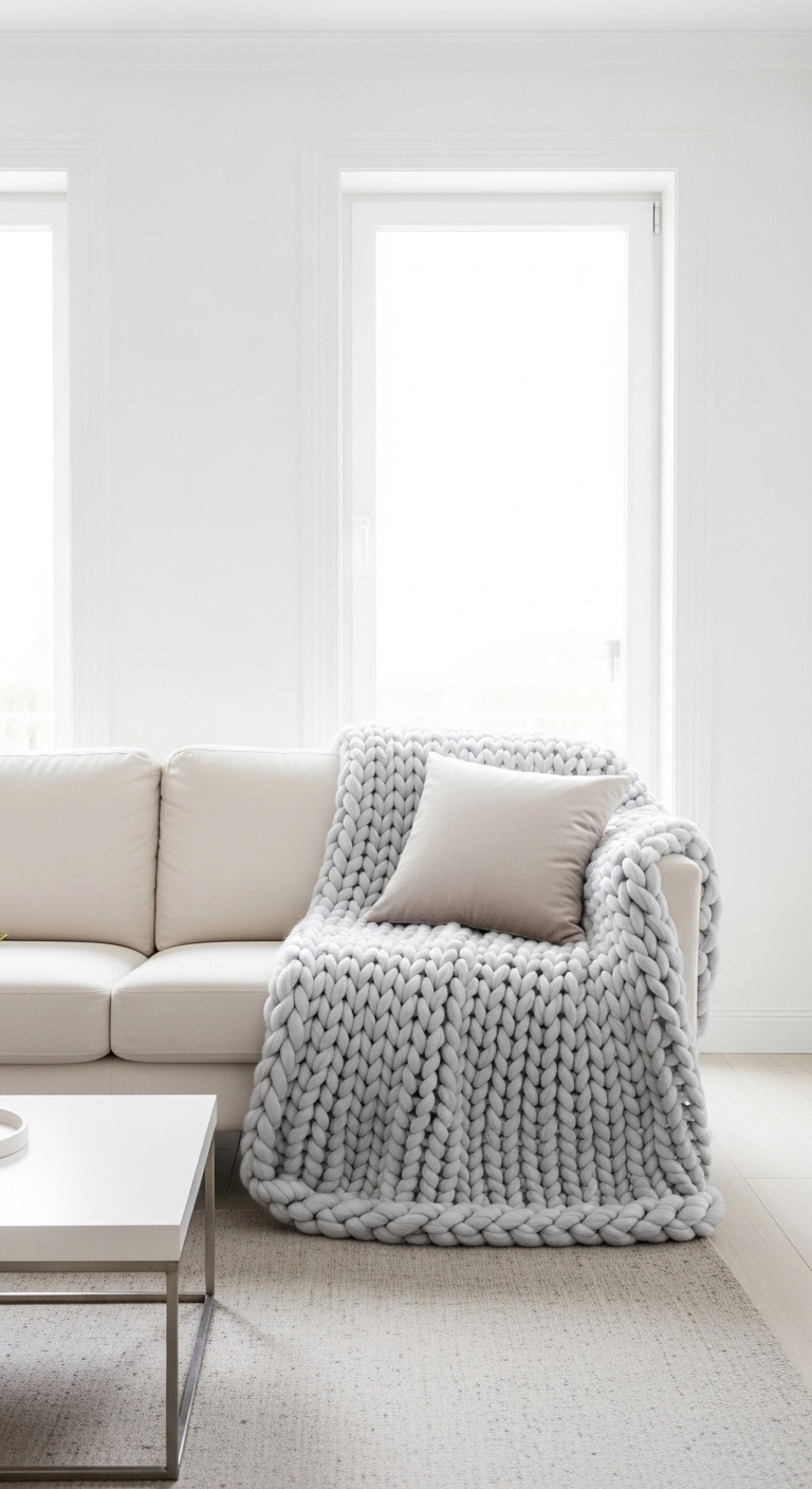White living room ideas with a cozy knit throw and cream sofa