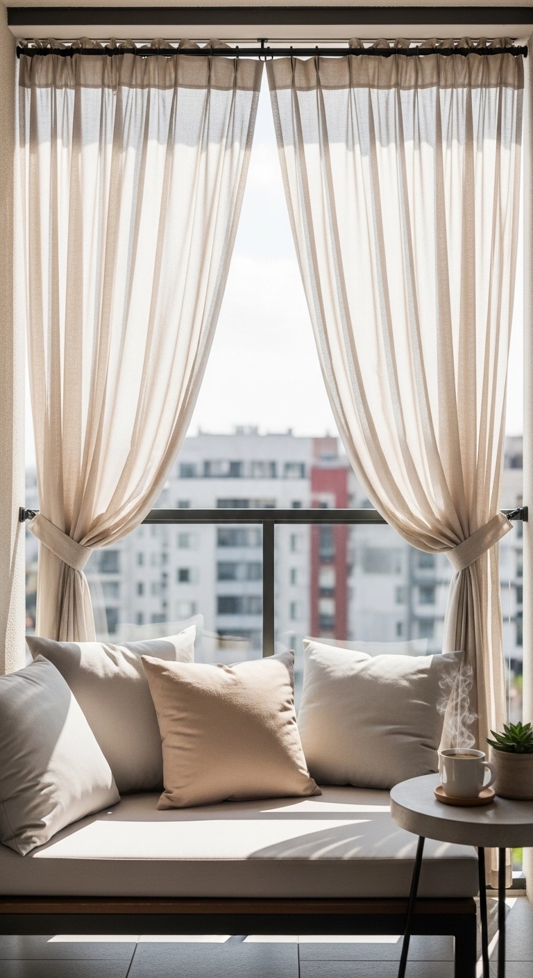 Balcony privacy ideas with outdoor curtains on a cozy modern apartment balcony
