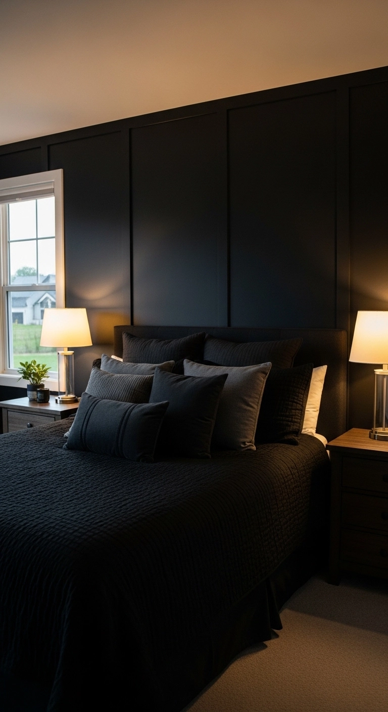 Black bedroom ideas with warm layered lighting for a cozy retreat