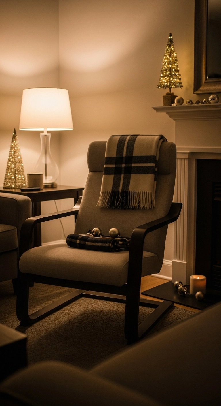 christmas apartment decor with a soft throw blanket in a cozy seating area