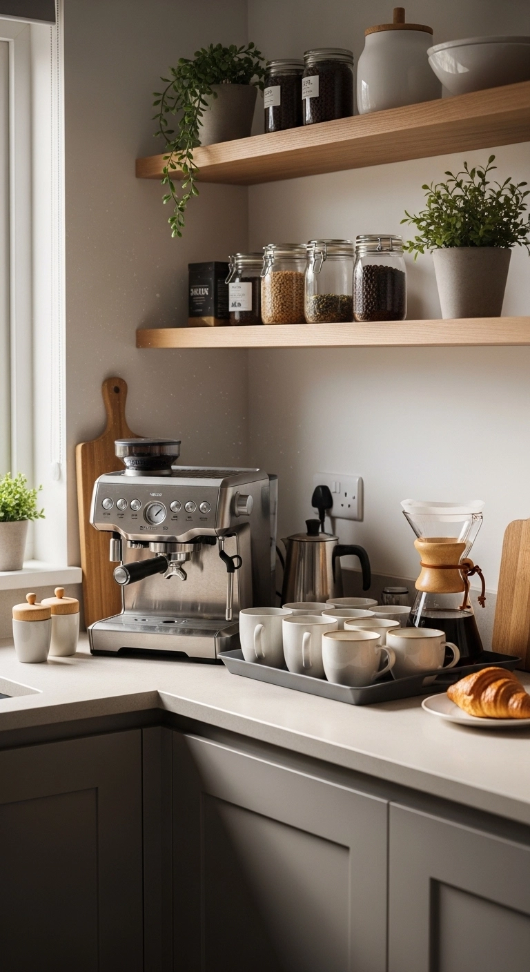 warm kitchen aesthetic with cozy coffee station and wood shelving