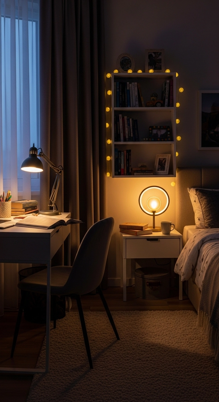teen girl bedroom ideas with layered lighting and a cozy evening glow