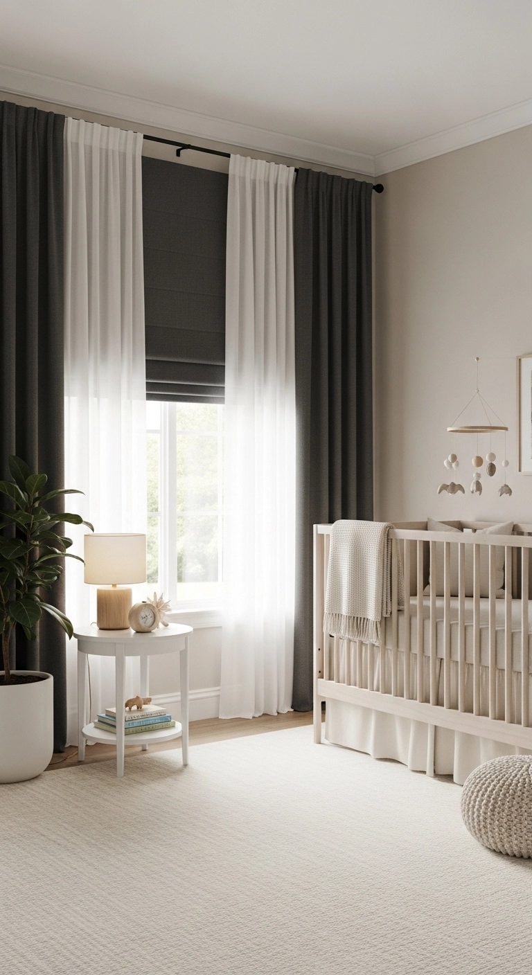 Baby nursery ideas with blackout curtains and sheer drapes in a cozy neutral room