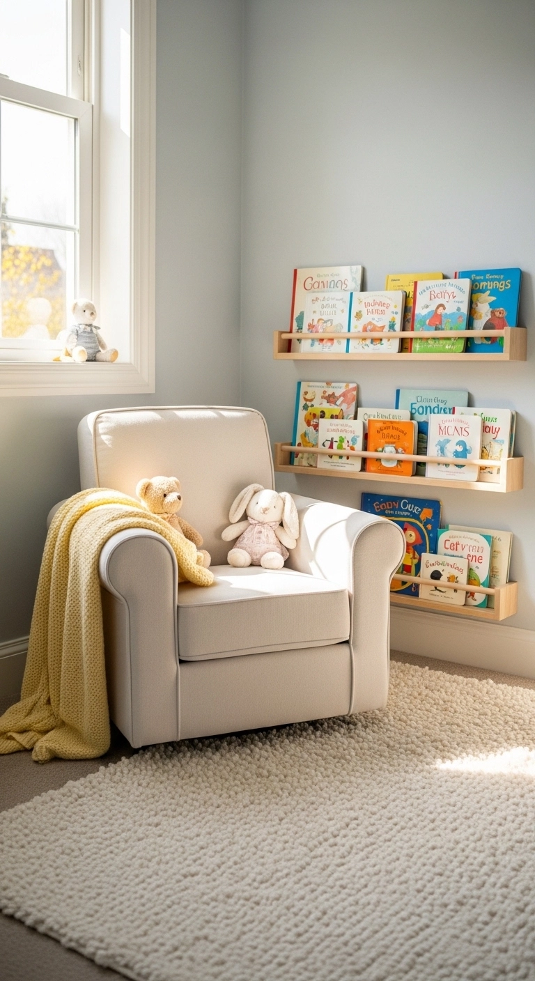 Baby nursery ideas with a cozy reading nook and baby books on display