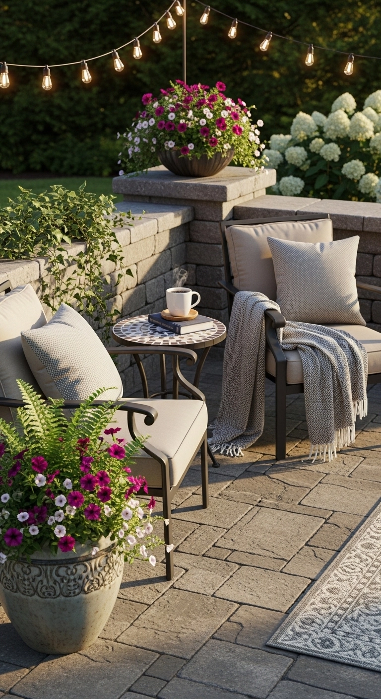 small backyard patio ideas with one cozy finished seating corner
