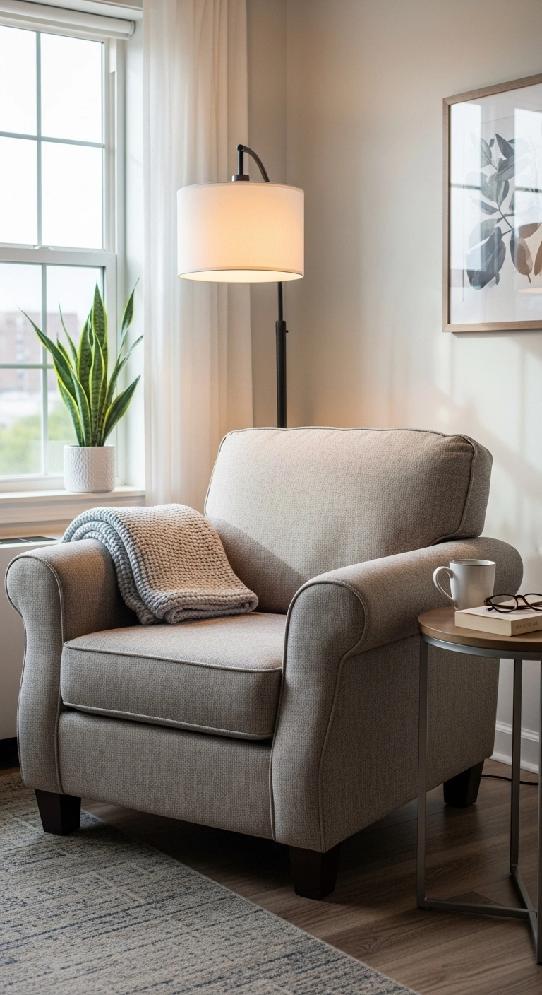 decorating a rental with a cozy reading corner and lamp