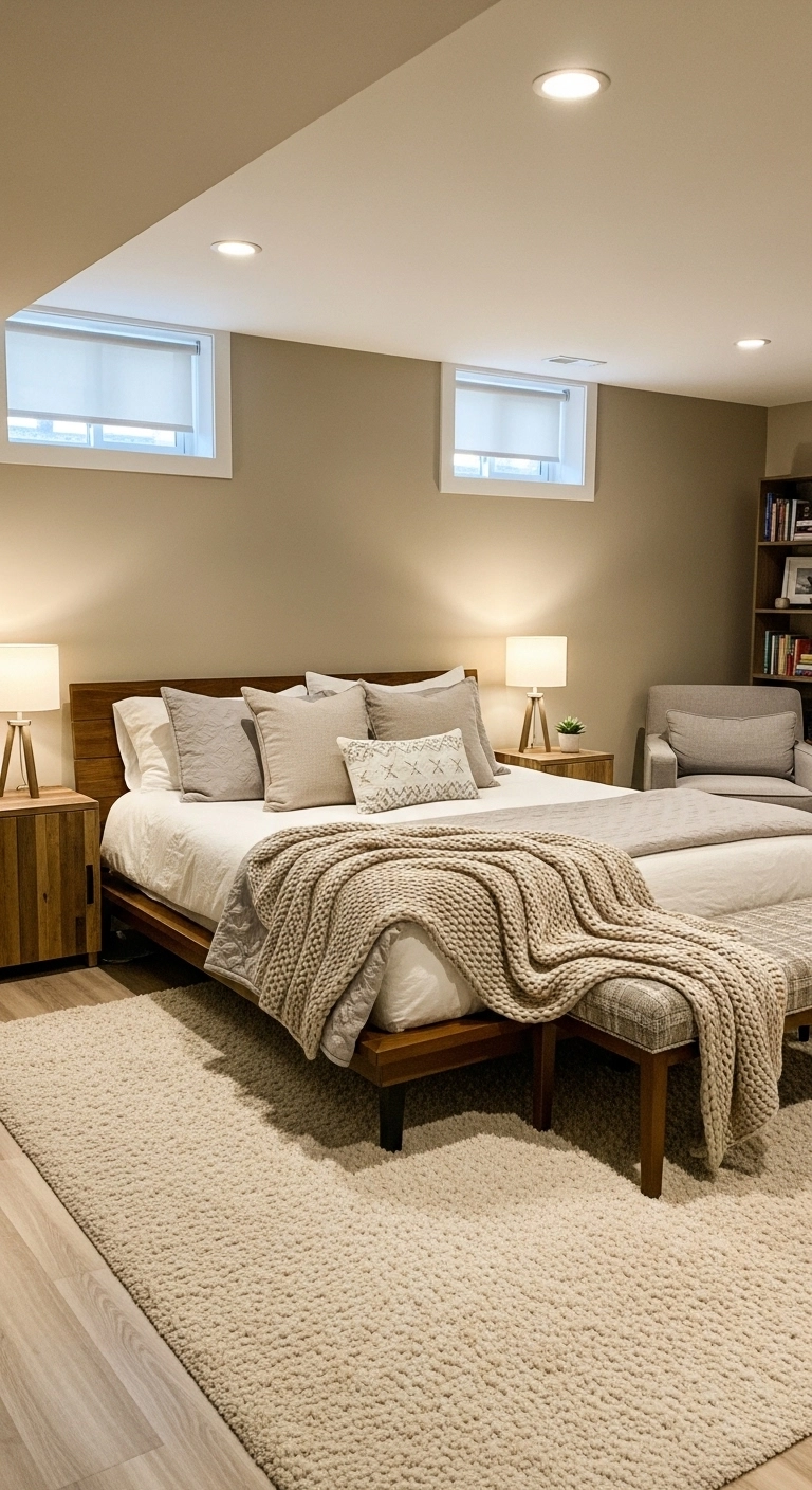 basement bedroom ideas with a large neutral rug under the bed