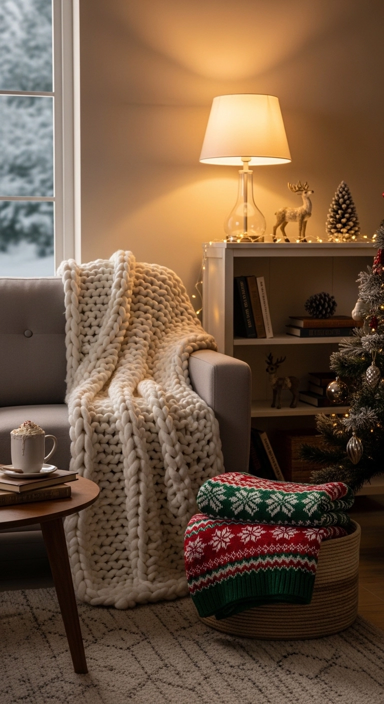 living room christmas decor with throw blankets and a cozy seating area