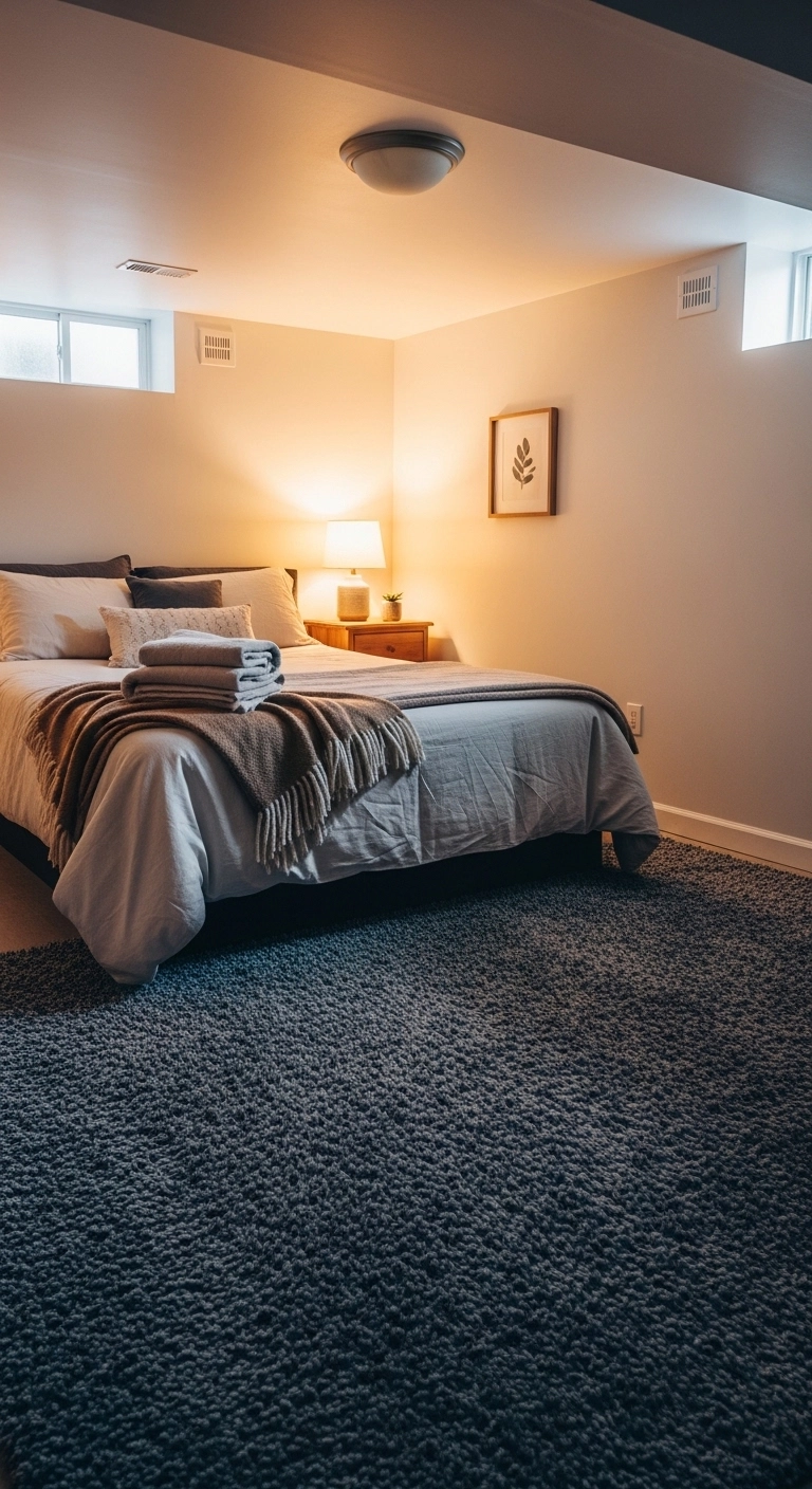 basement bedroom ideas with thicker bedding and a cozy lower-level setup