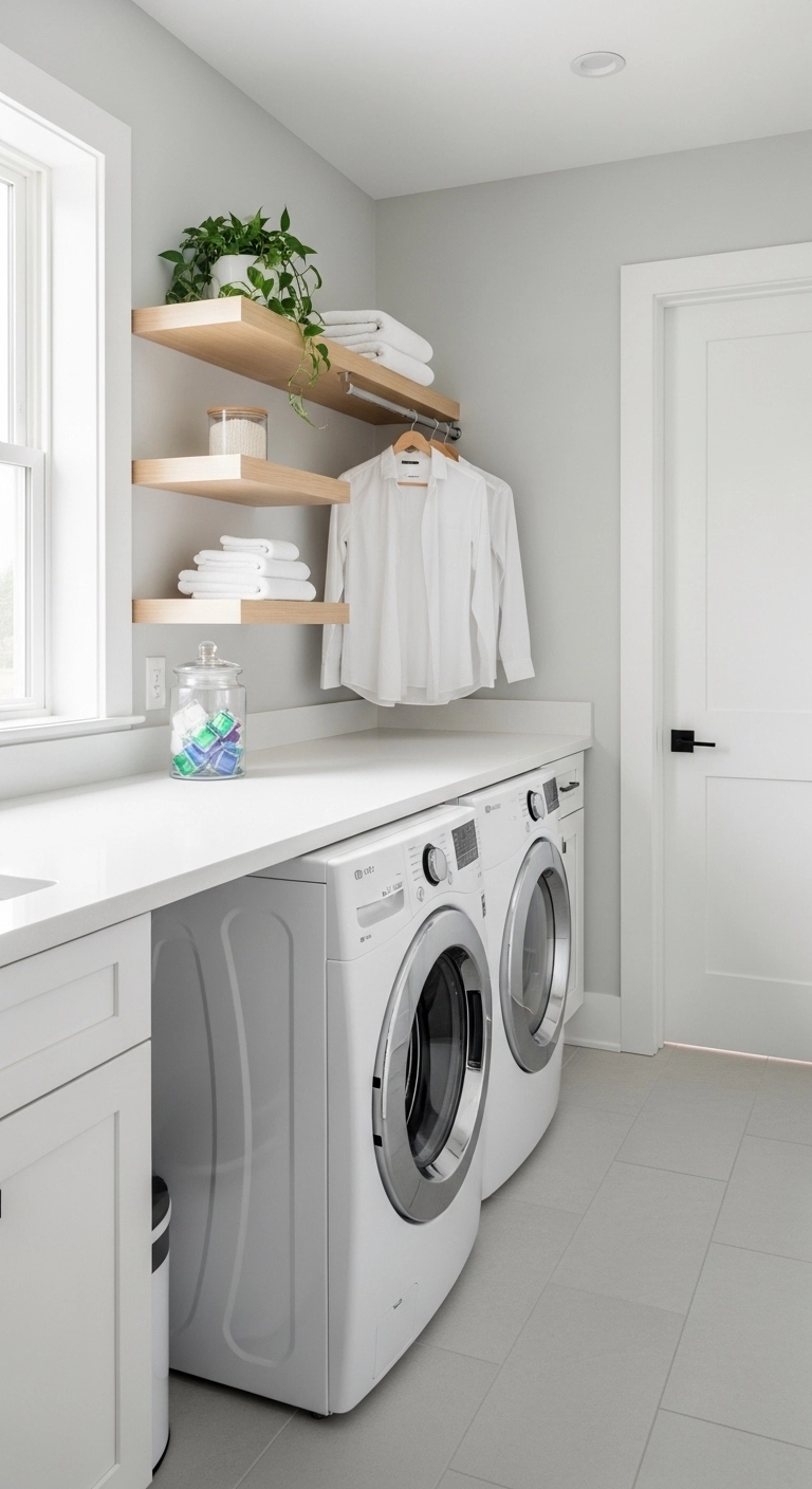 Door painting ideas featuring a crisp white painted door in a bright utility room