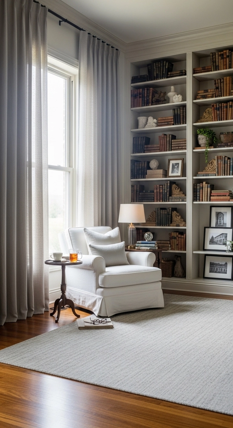 Library room ideas with floor-to-ceiling curtains and soft reading corner