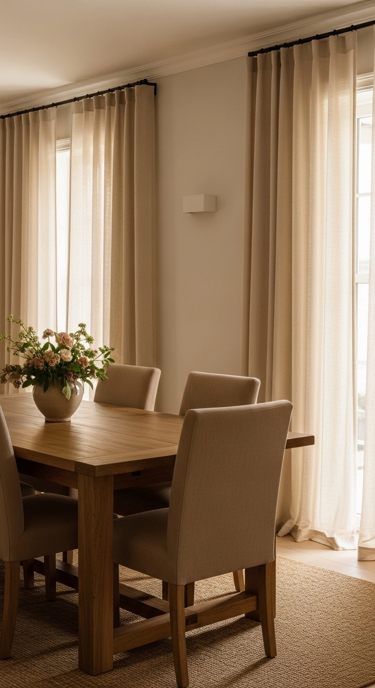 Dining room ideas with linen curtains and soft natural light for warmth